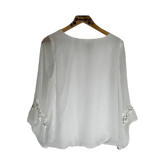 Women's AB Studio White Boho Chic Bubble hem Bell Sleeve Top L - Picture 7 of 13